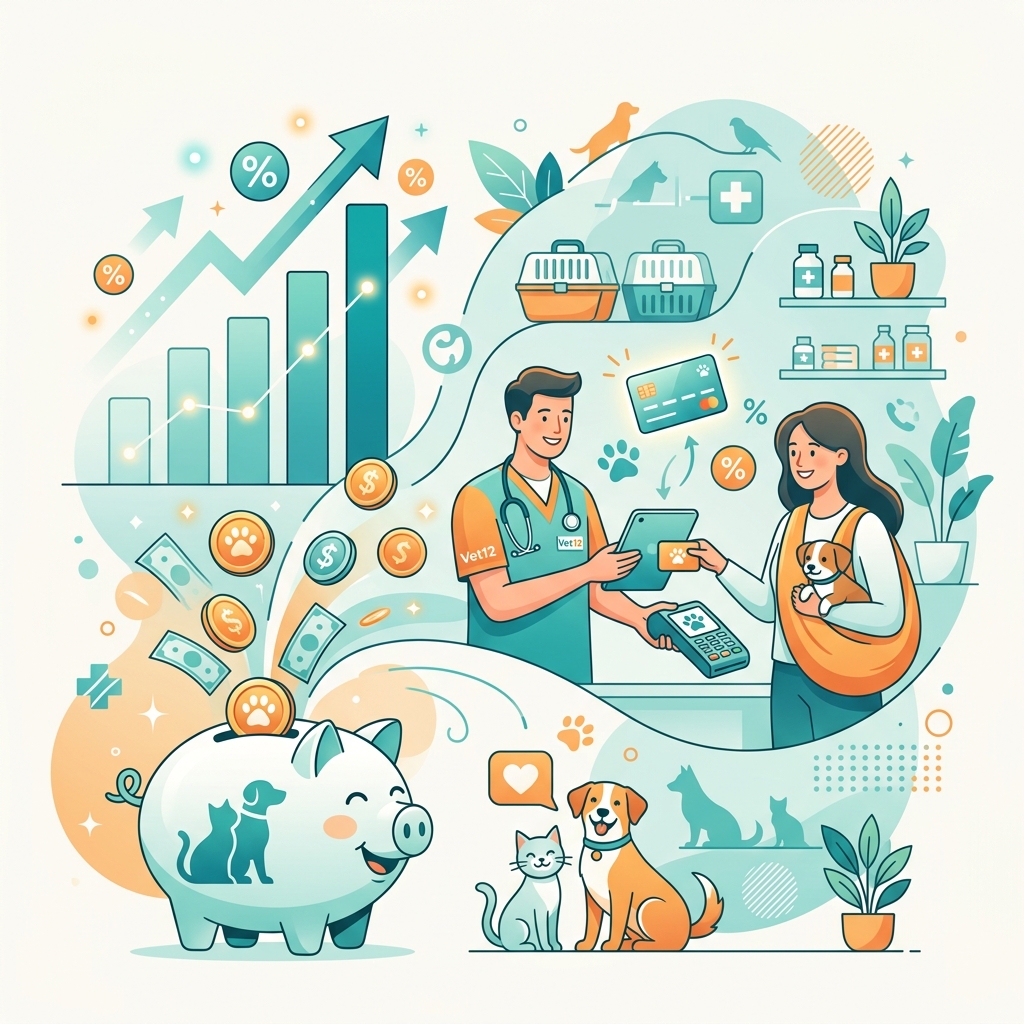 Pricing and financial growth concept illustration with a piggy bank, veterinary clinic, and charts