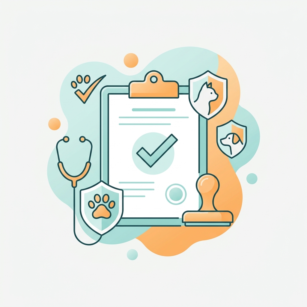 Terms of service concept illustration featuring clipboard, stethoscope, and paw print shield